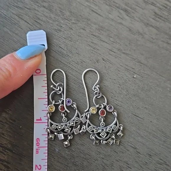 Elegant Sterling Silver Marcasite Chandelier Earrings with Mulitcolor Stones - Picture 4 of 5